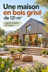 Vue extérieure d'une maison en bois grisé de 121 m² au design épuré.
