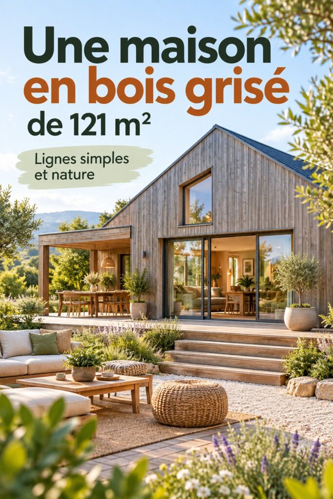 Vue extérieure d'une maison en bois grisé de 121 m² au design épuré.