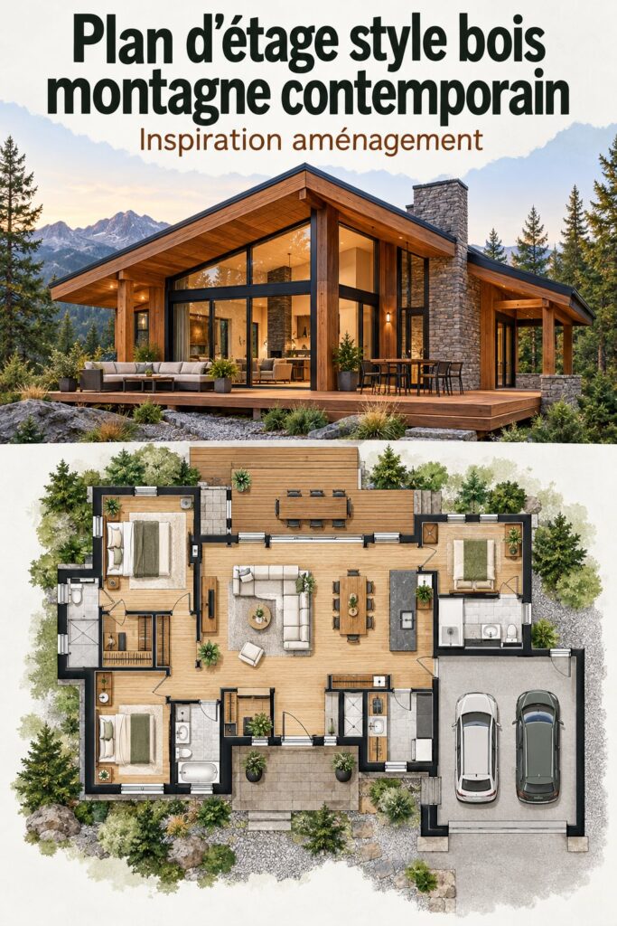 Plan de maison moderne en bois St. Clair, représentant un design chaleureux et accueillant.