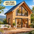 Maison ossature bois de 40 m² avec étage et toit à deux pans, design moderne et accueillant.