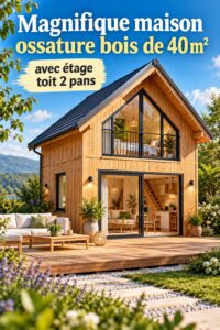 Maison ossature bois de 40 m² avec étage et toit à deux pans, design moderne et accueillant.