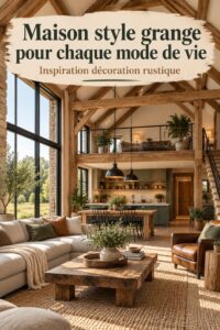 Une maison de style grange moderne avec un jardin verdoyant et accueillant.
