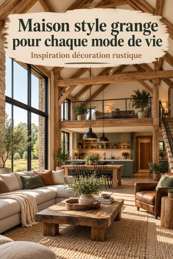 Une maison de style grange moderne avec un jardin verdoyant et accueillant.