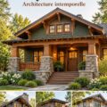 Maison traditionnelle au style Craftsman avec véranda et façade en bois.