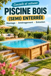 Piscine bois semi-enterrée dans un jardin verdoyant, avec des chaises longues à proximité.