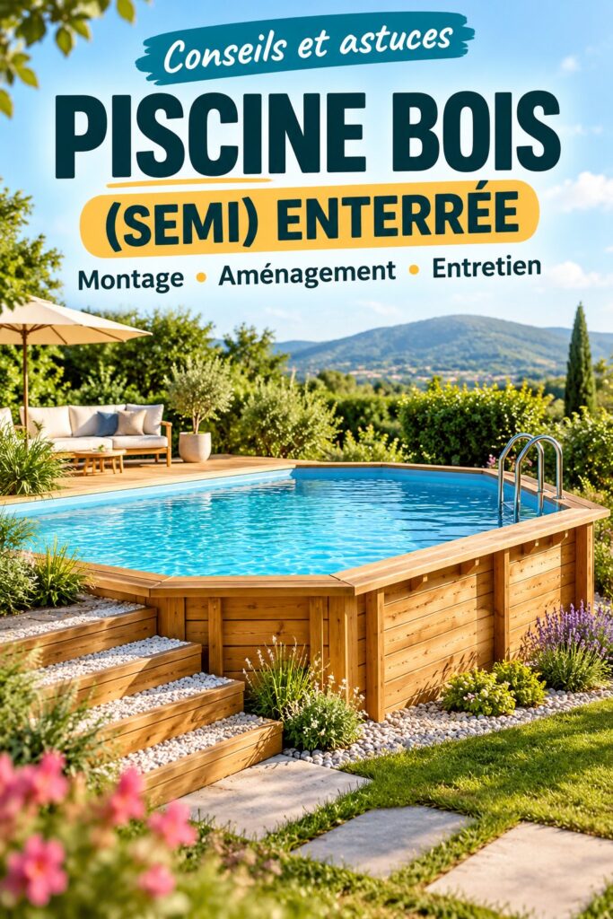 Piscine bois semi-enterrée dans un jardin verdoyant, avec des chaises longues à proximité.
