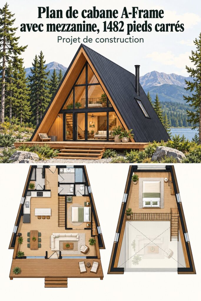 Aperçu d'une cabane A-Frame moderne avec mezzanine, à la fois esthétique et pratique.