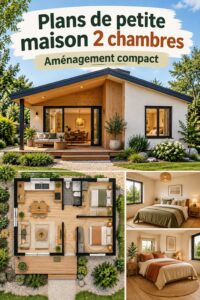 Plan de cabine à deux chambres en bois, avec une terrasse accueillante