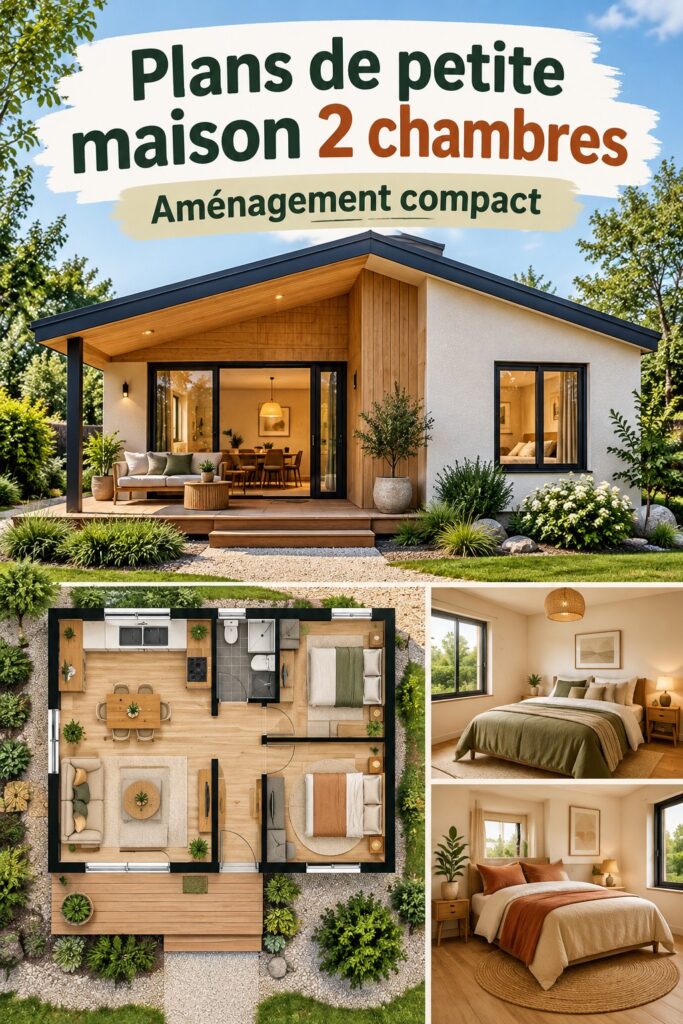 Plan de cabine à deux chambres en bois, avec une terrasse accueillante